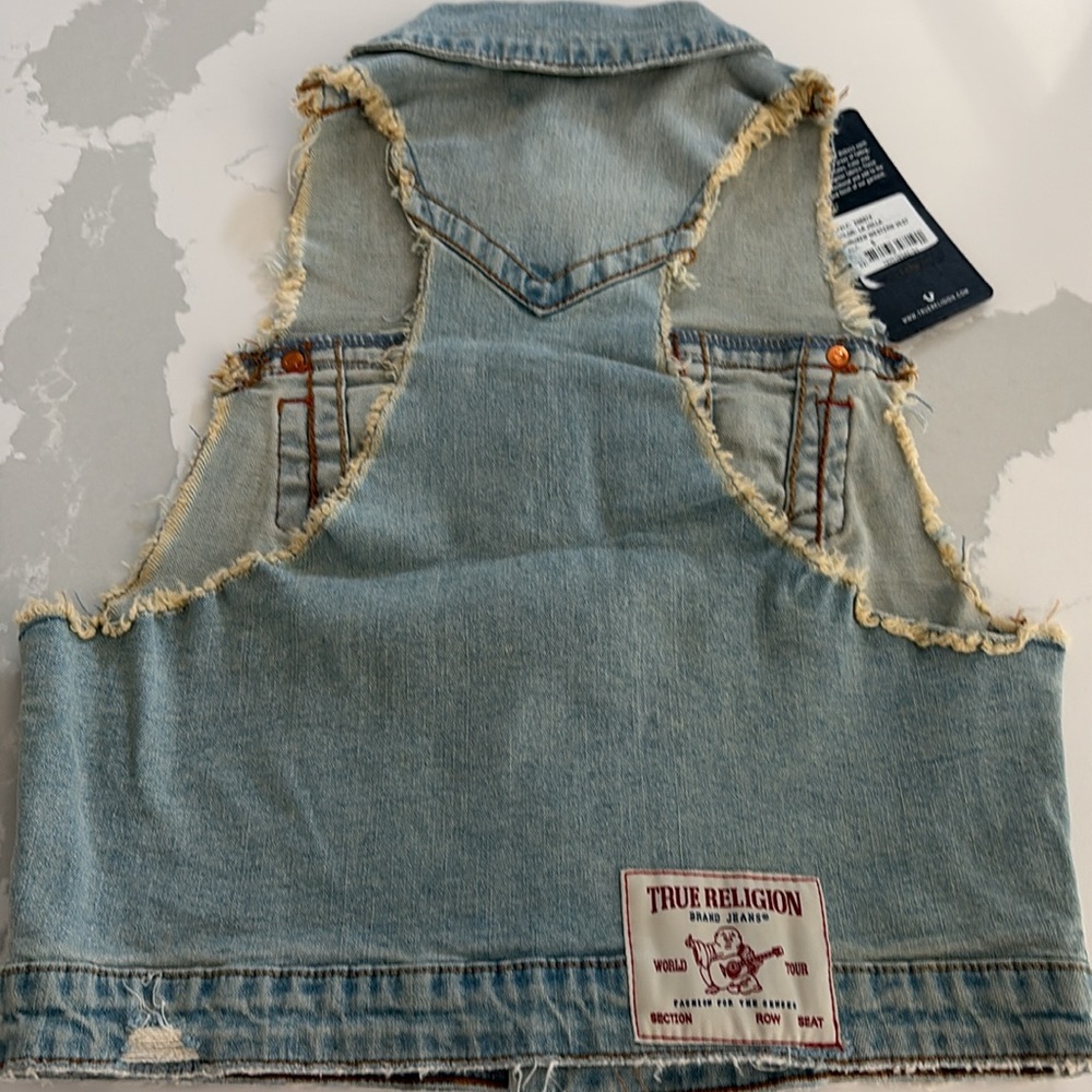 True Religion denim Blue vest cropped distressed NWT S - Picture 6 of 11